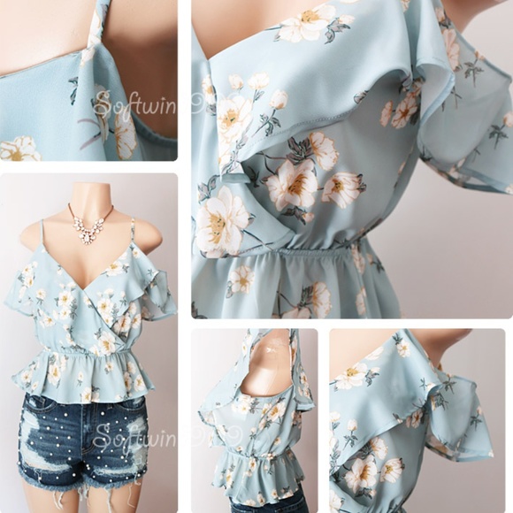 PLUS SIZE Light Blue Floral Ruffle Cold Shoulder - Picture 6 of 8